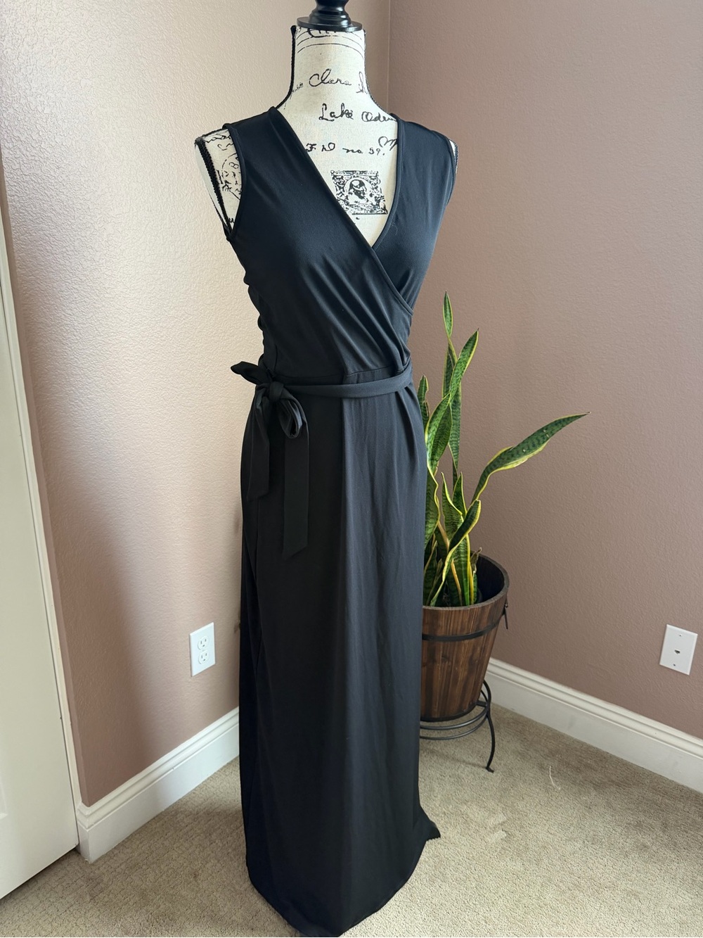 Leota Black Sleeveless Wrap Maxi Dress with Self-Tie Waist